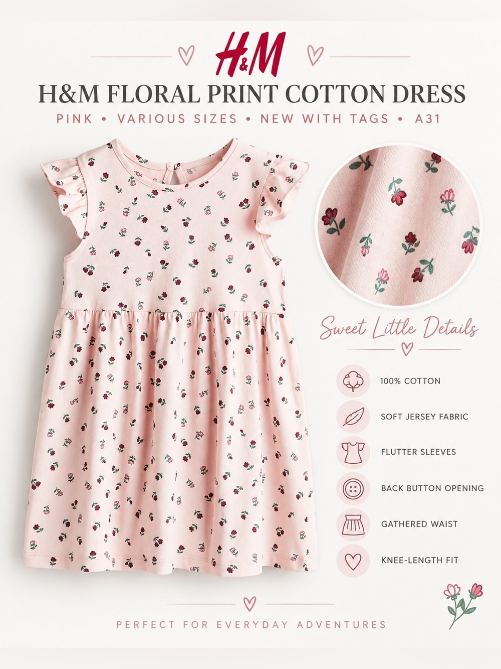 H&M FLORAL PRINT COTTON DRESS - PINK VARIOUS SIZES (NEW WITH TAGS) A-4